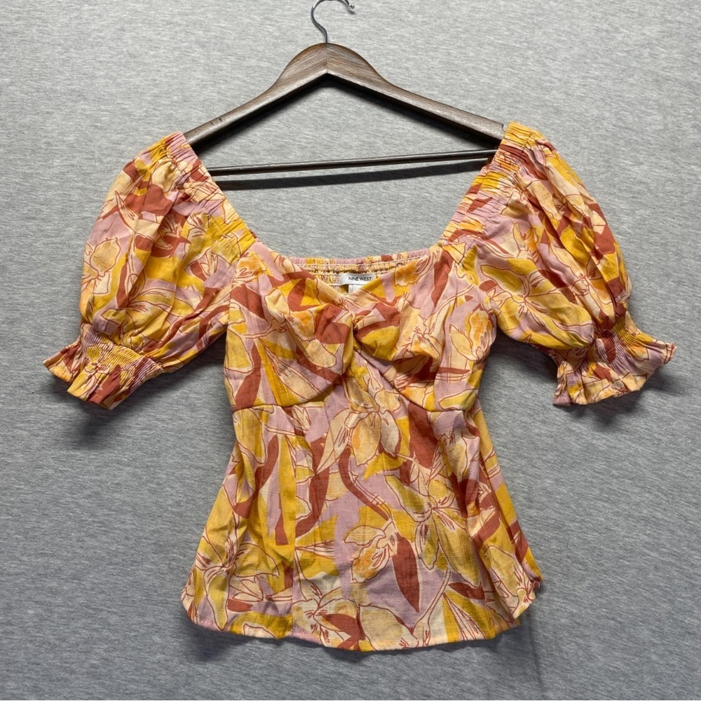 Nine West Babydoll Crop Top Women Small Orange Floral Rayon Y2K Boho Puff Sleeve